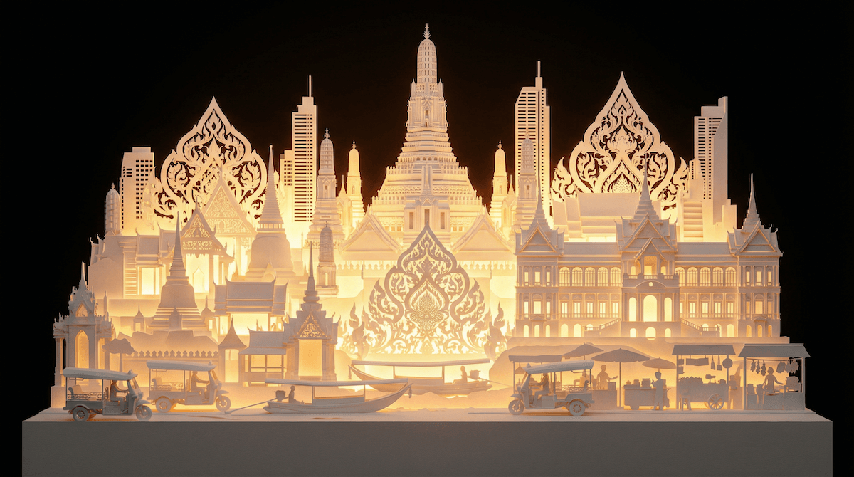 



Prompt นี้เป็นคำสั่งให้สร้างงานศิลปะ 3D แบบไดโอรามากระดาษตัดซ้อนชั้นของกรุงเทพฯ ที่มีรายละเอียดสูงมาก โดยใช้กระดาษสีขาวล้วนในการสร้างแลนด์มาร์กและสถาปัตยกรรมที่จดจำได้ของเมือง พร้อมลวดลายฉลุและมอติฟแบบไทยที่ประณีตตามบริบทวัฒนธรรม องค์ประกอบท้องถิ่นถูกจัดวางไว้ด้านหน้าเพื่อเพิ่มมิติและเรื่องราว ทั้งฉากถูกขับเน้นด้วยแสงสีอำพันอบอุ่นที่ส่องออกมาจากภายในชั้นกระดาษ ทำให้กระดาษขาวทำหน้าที่เป็นตัวกระจายแสง เกิดความโปร่งแสงและเรืองสว่างอย่างนุ่มลึกด้วยเอฟเฟกต์ subsurface scattering สร้างบรรยากาศแบบ golden hour ตัดกับฉากหลังสีดำสนิท ส่งผลให้ภาพรวมดูเหมือนโลกจำลองขนาดเล็กที่หรูหรา มีพื้นผิวกระดาษคมชัด และคุณภาพระดับ 8K





