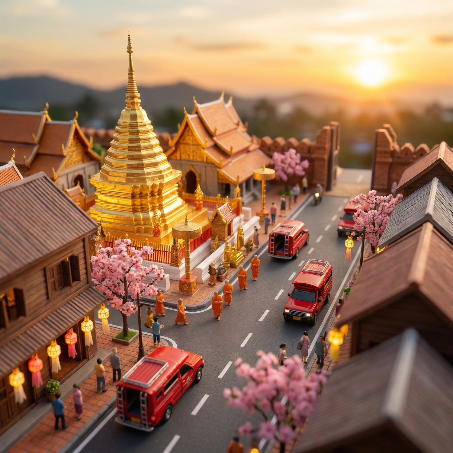Prompt นี้สั่งให้สร้างภาพ 3D diorama แบบ tilt-shift ในอัตราส่วน 4:5 เพื่อให้ฉากดูเหมือนโลกจำลองขนาดเล็ก โดยโฟกัสแลนด์มาร์กสำคัญของเชียงใหม่คือ Wat Phra That Doi Suthep ที่มีเจดีย์สีทองเด่น และ Tha Phae Gate ในช่วงพระอาทิตย์ตก บรรยากาศเมืองถูกทำให้มีชีวิตด้วยตัวละครจิ๋วอย่างพระในจีวรสีส้ม คนเดินถนน และรถสองแถวสีแดงที่เป็นเอกลักษณ์ เพิ่มอารมณ์ท้องถิ่นด้วยดอกนางพญาเสือโคร่งสีชมพูอ่อน และโคมกระดาษแบบล้านนาที่ส่องแสงนุ่ม ๆ จากเรือนไม้ ทำให้ภาพรวมออกมาอบอุ่น ละมุน และมีเสน่ห์วัฒนธรรมภาคเหนือชัดเจน
ถ้าจะปรับให้ภาพออกมาตรงใจขึ้น แนะนำเพิ่มตัวคุม 4 จุด:


เอฟเฟกต์จิ๋วให้ชัด (strong tilt-shift blur, shallow depth of field, miniature scale illusion),


แสงยามเย็น (warm golden-hour light, soft rim light, long shadows),


วัสดุ/สไตล์ (stylized miniature, handcrafted diorama texture),


องค์ประกอบล้านนา (wooden shophouse textures, Lanna motifs, gentle lantern glow).


